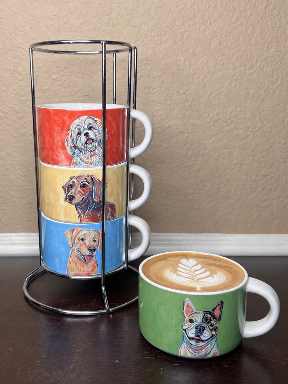 Vintage 2000s Pier 1 Dog Mug Set w Stand 4 Stoneware Cups